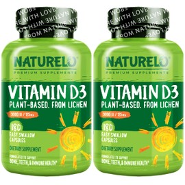 NATURELO NATURELO Vitamin D - 5000 IU - Plant Based from Lichen - Natural D3 Supplement for Immune System, Bone Support, Joint Health - High Potency - Vegan - Non-GMO - Gluten Free - 180 Capsules (Pack of 2)
