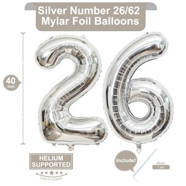 40 Inch Silver 26 Number Balloons Giant Jumbo Huge 26 or 62 Foil Mylar Helium Number Digital Balloons Silver Birthday Mylar Digital Balloons 26th or 62th Birthday Anniversary Events Party Decorations Supplies