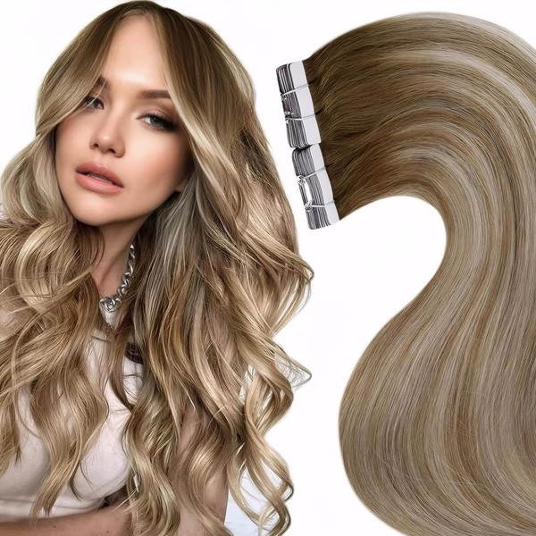LaaVoo Real Hair Tape-In Extensions, Light Brown, Balayage, Platinum Blonde, Glue-In Skin Wefts, Straight Ombré Extensions, 40 g, 20 Pieces, #8/60/8, 55 cm