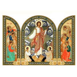 Needzo Resurrection of Christ with Saint Seraphim Angels Triptych, Religious Wooden Home Decor, 5.5 x 4 Inches