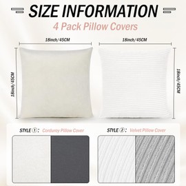 Throw Pillow Covers Pack of 4,Cushion Covers 18x18,Velvet & Corduroy Soft Soild Color Decorative Pillow Covers for Sofa Bench Couch Bedroom Patio Car,45 x 45 cm