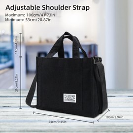 Bototack Women Corduroy Tote Bag, Casual Crossbody Bag with Adjustable Strap, Small Shoulder Handbag Purse for School, Work, Shopping, Travel (Black)