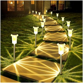 DenicMic Solar Lights Outdoor 10 Pack Waterproof Christmas Lights Outdoor 3000K Warm White LED Stainless Steel Stake for Landscape Lighting Path Walkway Sidewalk Backyard Patio Decor