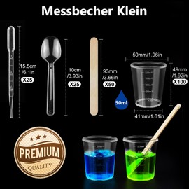 REJOECE Pack of 100 Plastic Measuring Cups, 50 ml Measuring Cups, Mixing Cups, Plastic Measuring Cups, Reusable Colour Mixing Cups with 50 Wooden Sticks for Laboratory Epoxy Resin Cooking and Painting