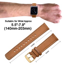 ANNEFIT Leather Watch Strap, 18 mm, 19 mm, 20 mm, 21 mm, 22 mm, Quick Release Replacement Strap for Men and Women, Gold Brown/Gold Buckle, Classic