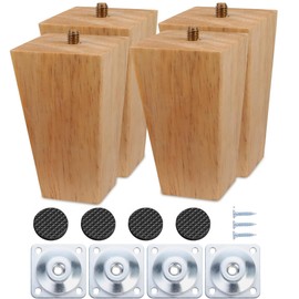 Goomp Furniture Feet, Wood, 8 cm, Pack of 4 Furniture Feet, Oak Furniture Feet, Sofa Legs for Chest of Drawers, Table Legs, Square Furniture Legs with Mounting Plates, Screws and Foot Pads for Bed