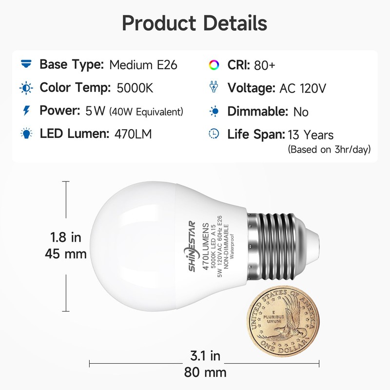 SHINESTAR Refrigerator Light Bulb,120V 40W Equivalent A15 Fridge Waterproof Bulbs,