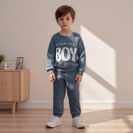 Baby Boy Fall Clothes Set Long Sleeve Crewneck Sweatshirts Pants Infant Newborn Waffle Outfits 6 12 18 24 Months 2T (Mamas Boy Blue, 12-18 Months)