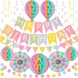 Premium Reusable Birthday Party Decorations - Pastel Birthday Decoration Set - Happy Birthday Banner, Birthday Bunting, Honeycomb Decorations, Pom Poms, Paper Streamers - Pastel Party Decorations