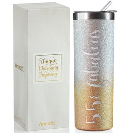Onebttl 55th Birthday Gifts for Women, 55 & Fabulous, 20 Oz Insulated Stainless Steel Skinny Wine Tumbler for Mom, Best Friend, Sister, Aunt, Wife, Coworkers, Glitter Silver & Gold