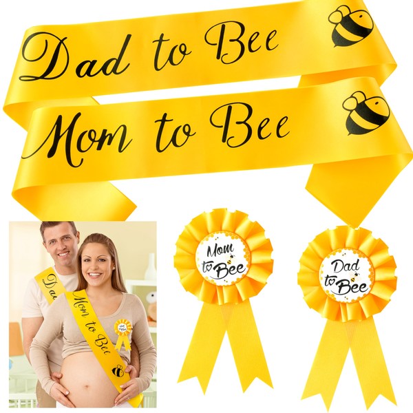 2ooya 4Pcs Bee Maternity Sash Set Yellow Bee Mom to Bee & Dad to Bee Sash Kit with Corsage Pin Bee Theme Pregnancy Sash Keepsake for Boy and Girl Baby Shower Gender Reveal Party Photo Prop Gift