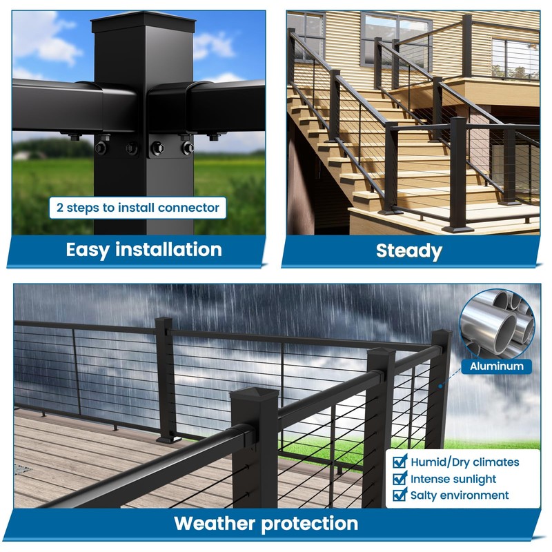 Muzata 6'6" Aluminum Handrail Kit Black Cable Railing System Work