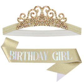 Tihebax Birthday Girl Sash and Headband Set, Glitter Gold Birthday Sash for Girls Princess Tiara Crown for Girls Happy Birthday Party Decorations Accessories