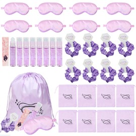 TKNOUS 32 Pcs Sleepover Party Supplies for Women Sleepover Birthday Party Favors with Satin Eye Mask Satin Hair Scrunchies Lip Gloss Gift Bag for Sleepover Squad Spa Birthday Party (purple)