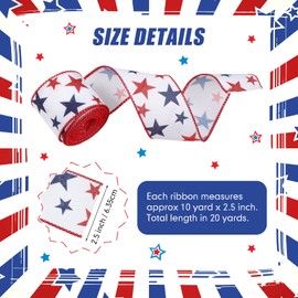 2 Rolls Stars Wired Edge Ribbon 4th of July Red White Blue Ribbon Independence Day Flag Day Decorations for Wreaths 2.5 Inch Patriotic Fabric Ribbons for DIY Independence Party Decorations, 20 Yards