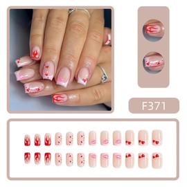 Pink Lip Press on Nails Medium Square Fake Nails with Heart Fire Cherry Design Lilac French tips Glue On Nails Glossy Reusable Acrylic Nails Artificial Valentines False Nails for Women Girls Manicure