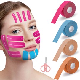 UOCAI Pack of 4 Face Tape Lifting Face, 2.5 cm x 5 m Face Lifting Tape, Anti Wrinkle Face Tape, Face Wrinkles, Face Taping, Facial Patches for Firming Skin (Skin Tone Orange Pink Light Blue)