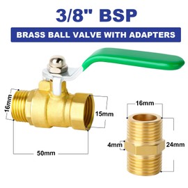 ERGAOBOY 2 Pcs 3/8" BSP Male to Female Brass Ball Valve with 2 Pcs 3/8" Male to Male Brass Connectors, Fit for Pipe Fittings Connection