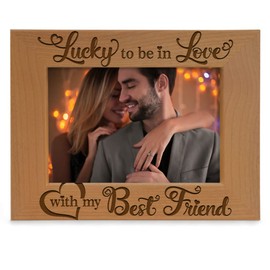 KATE POSH - Lucky to be in Love with my Best Friend Picture Frame - Engraved Natural Wood Photo Frame - Wedding Gifts, Engagement Gifts, Christmas Gifts, Valentine's Day Gifts (4x6-Horizontal)