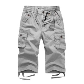 FOURSTEEDS Women's Mid Rise Cotton Capri Hiking Shorts Drawstring Multi Pocket Cargo Shorts Elastic Waist Cropped Cargo Pants Light Grey L