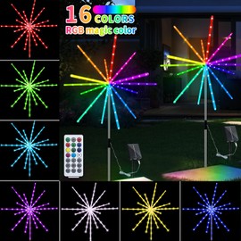 QLIRJAD Solar Garden Firework Lights Outdoor Waterproof 2 Pack 168LED Color Changing Outdoor Garden Light with RGB 8 Modes Remote USB Rechargeable Timer Starburst Lights for Path Backyard Pathway Yard