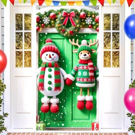 BlissYard Christmas Door Cover 35x71 Inch Snowman and Reindeer Holding Hands Front Door Decoration Holiday Door Banner for Outdoor Porch Entry Christmas Decorations Window Hanging