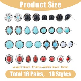 SUPERFINDINGS 16 Pairs Turquoise Stud Earrings Vintage Circle Turquoise Earrings Oval Round Gemstone Boho Stud Earrings Blue Ethnic Tribal Earrings Jewelry for Women