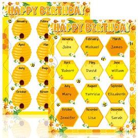 Qyeahkj 17.7 x 13.7 In Happy Birthday Chart Poster Set Bee Calendar Classroom Decorations Bumble Chart Bulletin Board Back to School Teaching Supplies Honey Classroom Decor