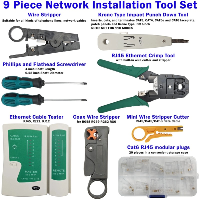 Electronix Express 9-in-1 Network Toolkit: RJ45 Ethernet Crimper, Krone PunchDown,
