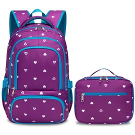 BLUEFAIRY Kids Backpack with Lunch Box for Girls Boys Elementary Primary Middle School Bag with Lunch Bag Set 17 Inch Bookbag Mochilas Escolares para Niñas Niños (Hearts, Purple)