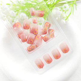 Square Press on Nails Short Gradient Fake Nails with Glitter Flower Designs Yellow Glue on Nails Short Square Nails Press ons Glossy Acrylic False Nails Cute Artificial Stick on Nails for Women 24Pcs