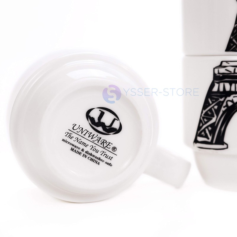YSSER White Porcelain Coffee Tea Cups Set 4 Cups w/Metal
