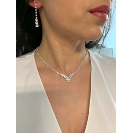 ONDEGO® 3er Set V SILBER Strass Schmuck Kette Schmuckset Armband Hochzeit Collier Halskette Brautschmuck Kommunion Ball Abiball