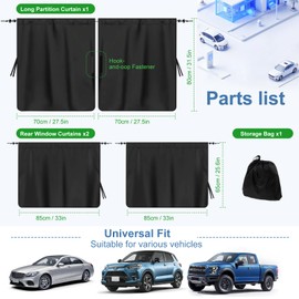 Set of 3 Car Window Shades, 1 Rear Seat Divider Curtain & 2 Rear Side Window Sun Shades, 95% Light Blocking Car Window Covers Privacy Protection Curtains for Breastfeeding,Taking a nap,Camping,