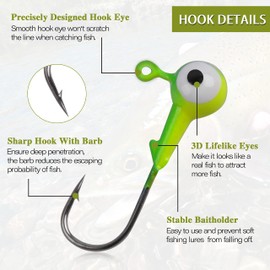 Fishing Jig Head Hooks Kit - 35/60pcs Ball Jig Head Worm Bait Round Head Jig Hooks Fishing Crappie Jigs Fishing Lures Tackle Kit 1/32oz-3/8oz for Freshwater and Saltwater, Random Color