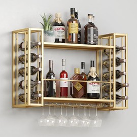 Woskar Wall Mount Wine Rack,Metal with Glass Holder, Space-Saving Liquor Display Storage for Home Bar, Kitchen, Sturdy & Stylish Design, Gold (48.6" W x 21.65" H x 9.84" D)