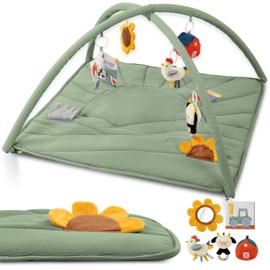 Beautiful Baby Play Gym and Tummy Time Mat - Soft Mat with 5 Farm Toys Creates The Perfect Activity Area for Your Girl/Boy - Stylish Infant Floor Playmat Fits Nicely with Any Playroom Decor