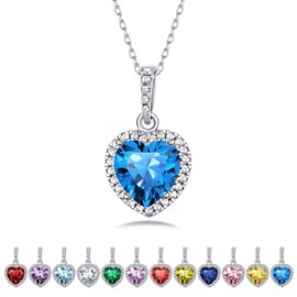 Bestyle CZ Heart Diamond Necklaces 5mm December Blue Topaz Birthstone Solitaire Crystal Pendants, 925 Sterling Silver Necklace Jewelry Gift for Wedding Anniversary Birthday
