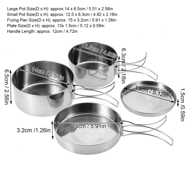 4Pcs Portable Stainless Steel Cookware Set Camping Picnic Outdoor Pan