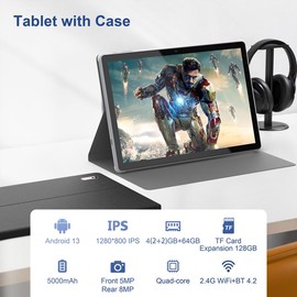 BYYBUO Android 13 Tablet,10.1 inch Tablet with Case, 64GB ROM Quad-Core Processor 5000mAh Battery, 1280x800 IPS FHD Touchscreen 5MP+8MP Camera, Bluetooth,WiFi,Metal Body