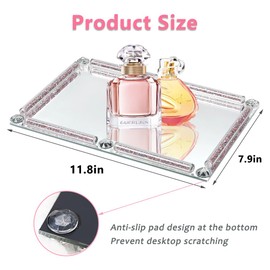 Crystal Perfume Tray,Crushed Diamond Filled Crystal Glass Tray,11.8 x 7.9 Rectangular Cosmetic Makeup Vanity Tray,Mirror Jewelry Trinket Tray,Serving Tray for Home Decor,Party,Hotel Banquet(Rose)