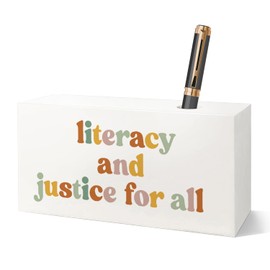 VIIJJUE English Teacher Decor Gifts Single Pen Pencil Holder Stand, Literacy And Justice for All Wooden Box Block Sign Decor for Teachers Office Home Desk Table Shelf Decoration