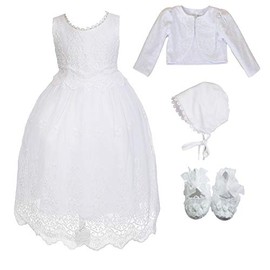 Cinda Baby White Lace Christening Gown and Hat, White with bolero and shoes