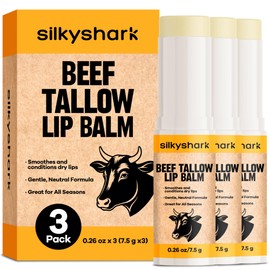 SilkyShark Beef Tallow Lip Balm(3 Pack), Beef Tallow Moisturizer, Tallow Lip Balm Organic, Natural Moisturizing Lip Care with Beeswax & Skin-loving Waxes, Unscented Lipsticks for Dry, Chapped Lips