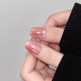 BSBTBZ Glitter Fireworks Press on Nails Short Square Ballerina Coffin Glossy Pink Cat Eye Acrylic Fake Reusable False Glue Natural Stick for Women Charm Manicure 24 pcs