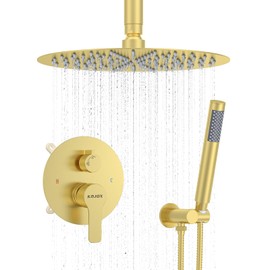 Kojox Shower System- Ceiling Shower Faucet Set with 12" Rain Shower head and Handheld Shower- Shower Combo Set with Valve, Brushed Gold