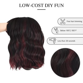Yamel Wavy Bob Wig with Bangs Natural Black Brown and Red Lowlight Wig Synthetic Hair Shoulder Length Short Curly Wigs for Women