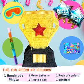 Trophy Pinatas for Birthday, Sports Theme Party Decorations, Celebrations, Party Props with Buster Stick, Blindfold, Confetti, and 2 Balloons