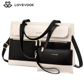 LOVEVOOK Laptop Tote Bags 15.6-17.3 inches for Woman with Clutch Purse, Large Business Teacher Office Crossbody Purse with 2 Cup Holder, Compact Waterproof Vegan Leather Shoulder Bags and Computer bag for Work, Office, Casual.:_Black-Beige_15.6''