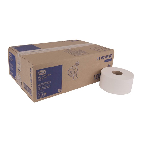 Tork Advanced 11020602 Soft Mini Jumbo Bath Tissue Roll, Perforated, 2-Ply, 7.36" Diameter, 3.55" Width x 8.38" Length, White (Case of 12 Rolls, 1,075 per Roll, 12,900 Sheets)